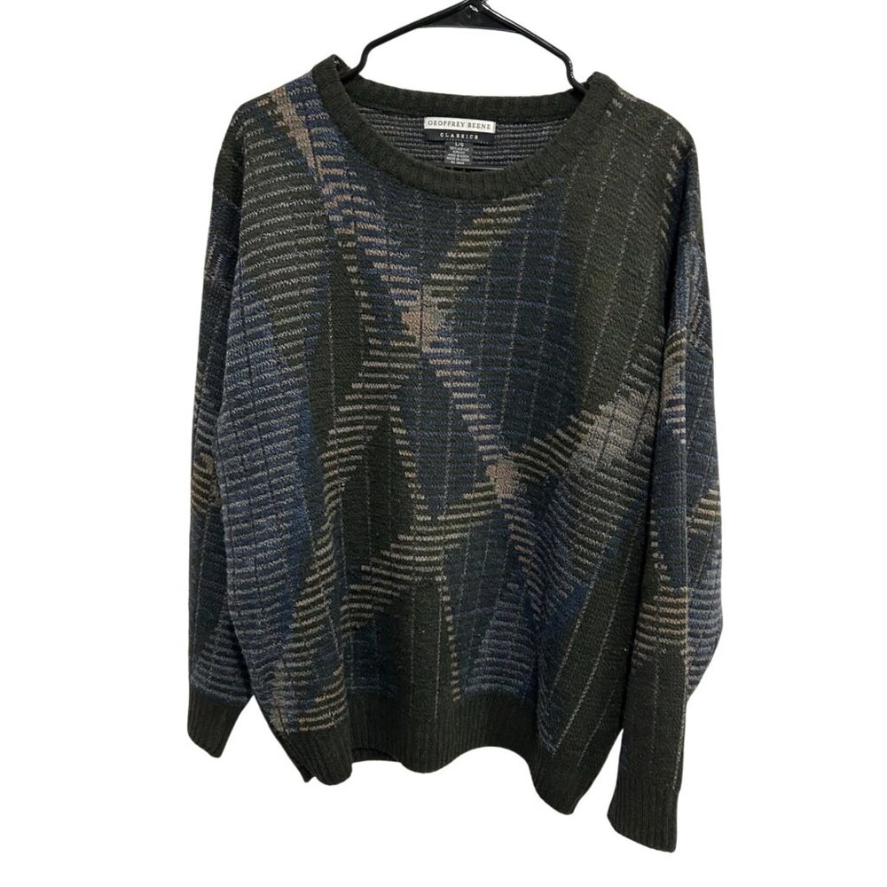 Geoffrey Beene Classics 90s Green Blue Beige Geometric Pattern Sweater Sz L
